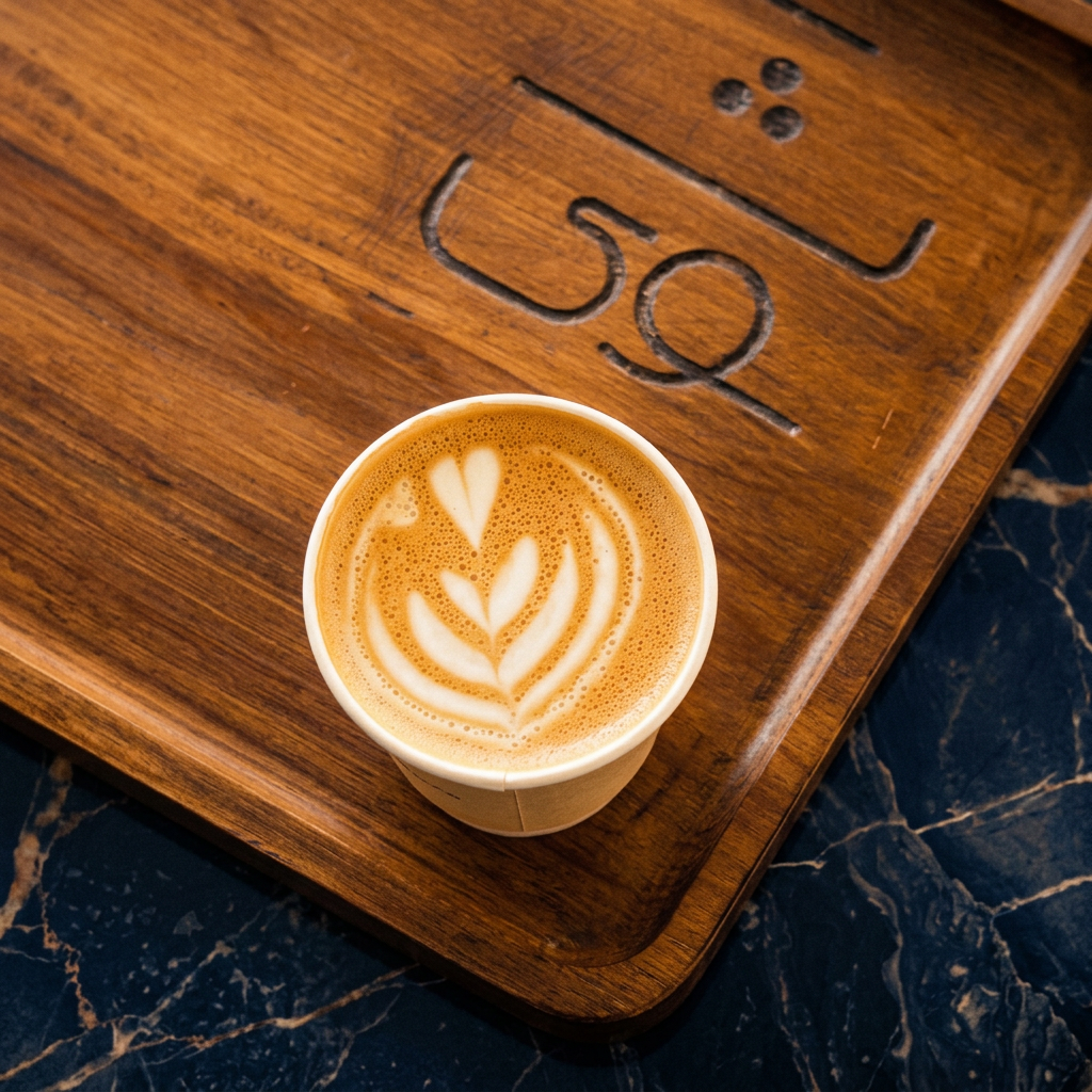 Barista in a royal blue apron pouring latte art
