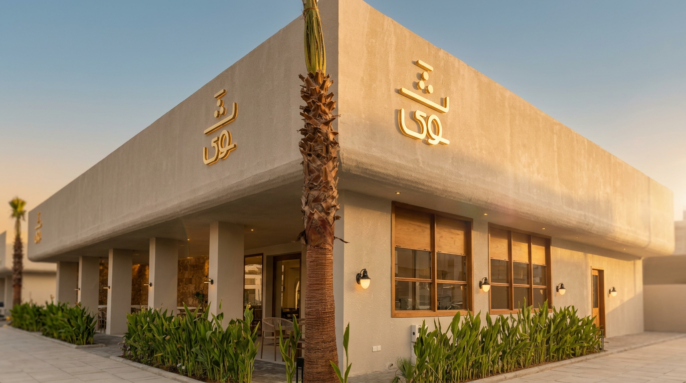Calm Thawa Cafe interior at golden hour with deep blue seating and warm beige walls